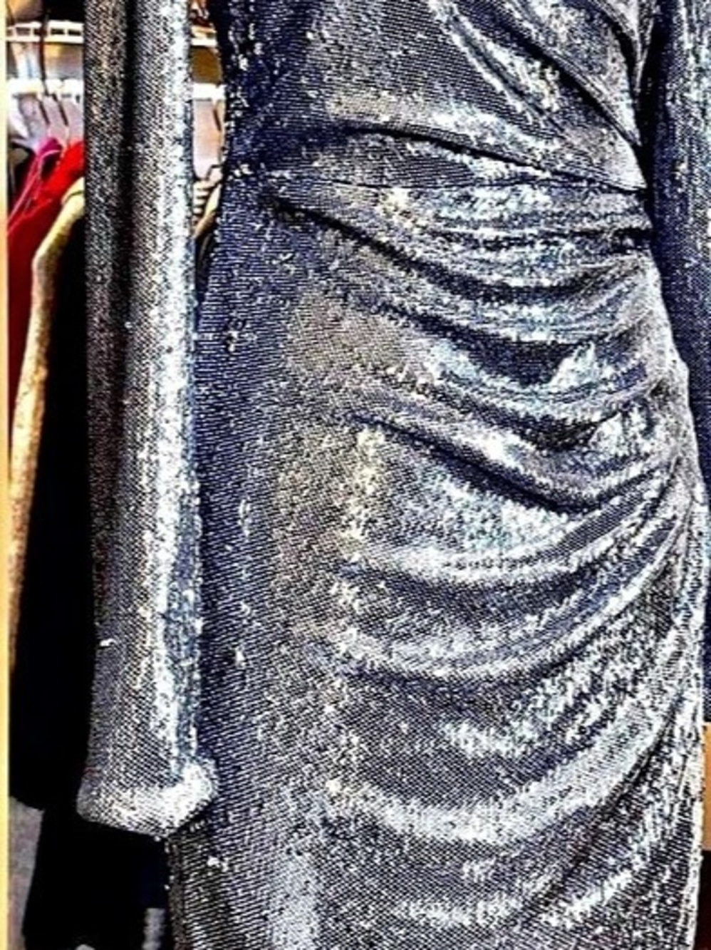 Metallic silver, sequined, mesh cocktail dress, Like New